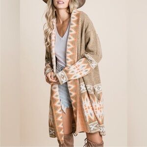 Bibi Long Open Front Aztec Cozy Cardigan • Medium